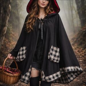 Witchy Cape buffalo check Sweeping ruffle neck grosgrain ribbon Fairy  long cape